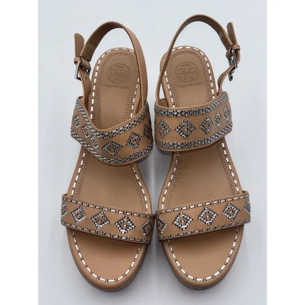 Tory Burch Reena Wedge‎ Sandals Womens 9.5M Tan Leather Embroidered Platform